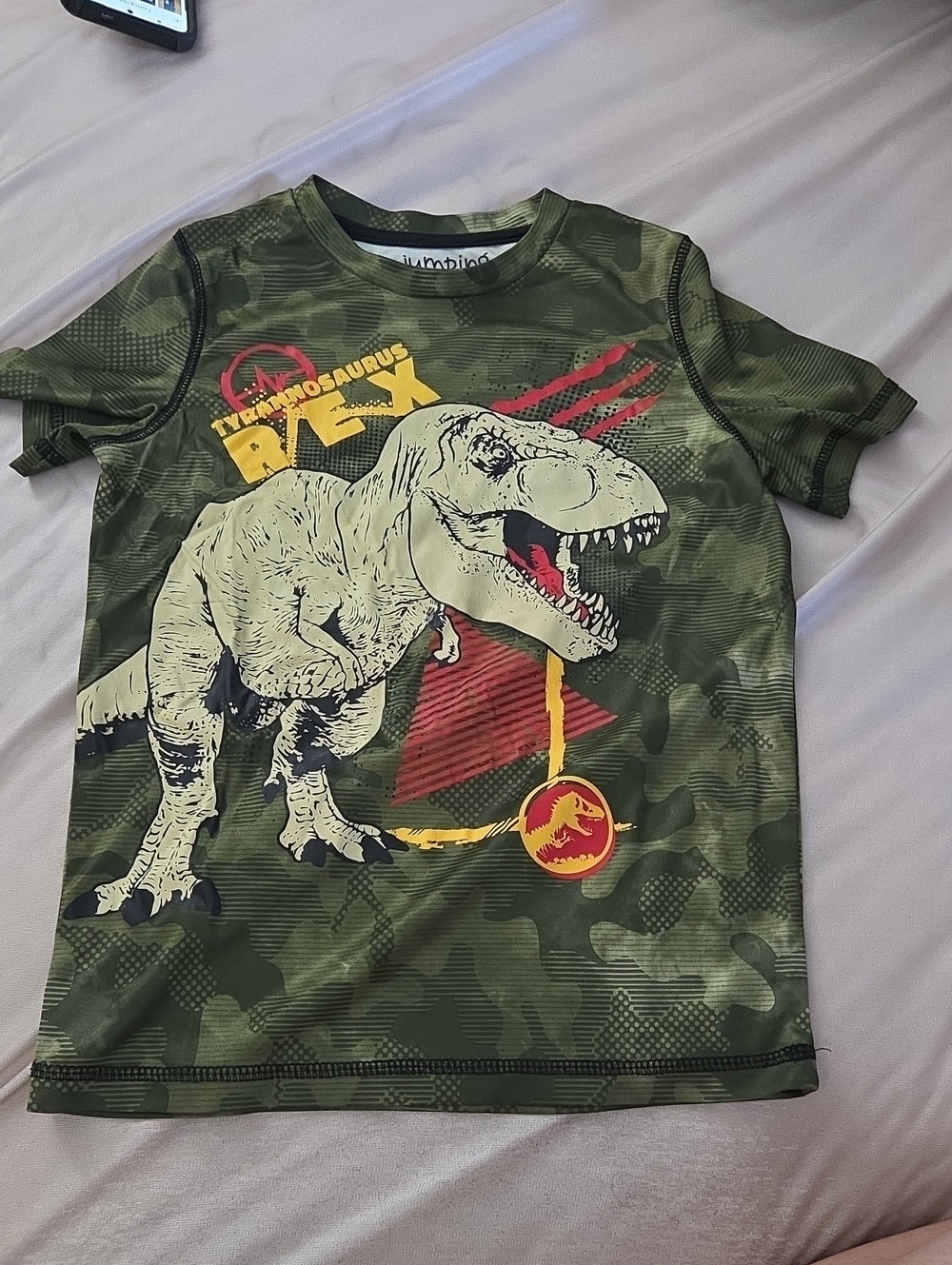 2 for $10 Jurassic Park Green Camo T-Rex Tee - Size 7